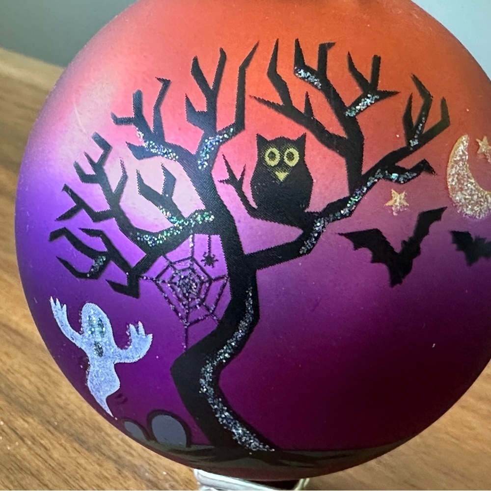 Bronners Hungary hand painted glass Halloween Gradient Ornament wOwl and Ghost - Picture 2 of 5